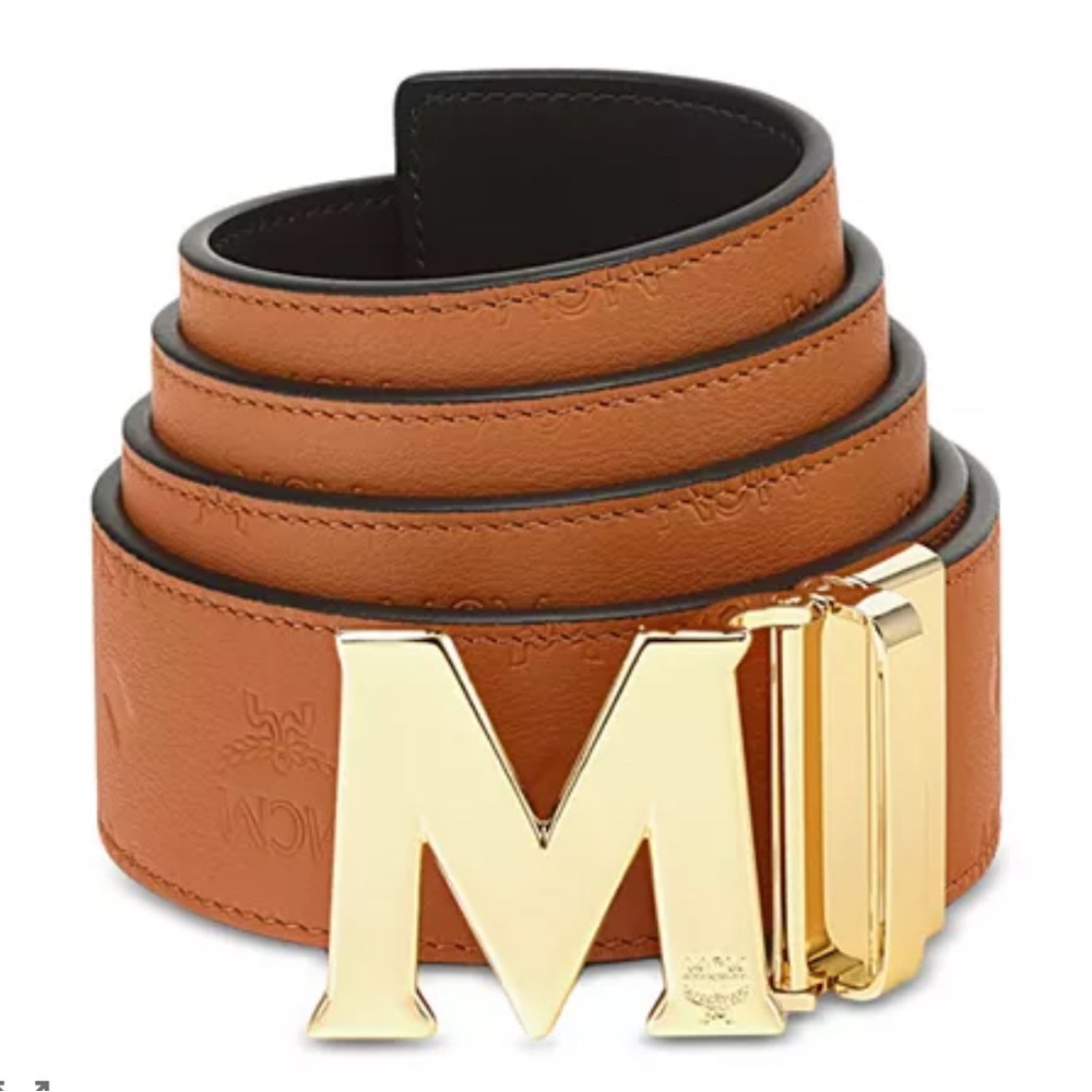 MCM Reversible Cognac Leather Belt with Gold plated M Buckle